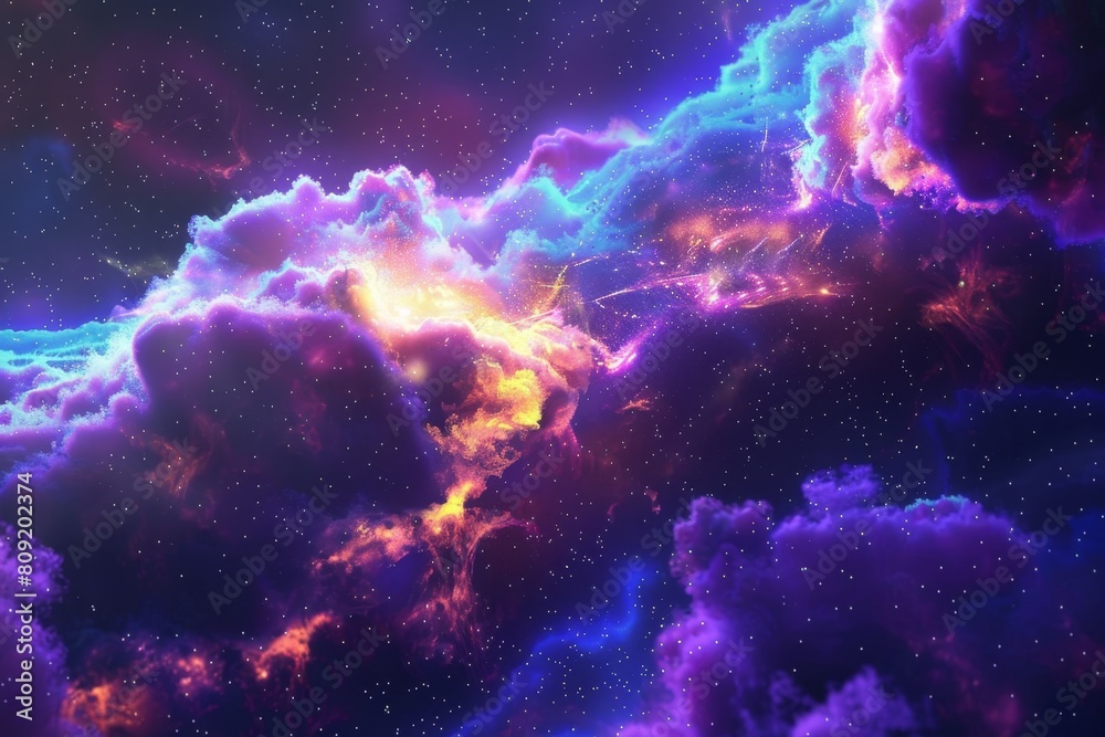 Vibrant sky featuring clouds and stars in a cosmic display, A cosmic backdrop with colorful explosions and cosmic dust clouds