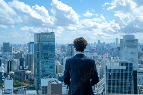 A corporate leader in a sharp suit standing on the pinnacle of a skyscraper, overlooking the city below, A corporate leader wearing a sharp suit and looking out at a bustling city skyline