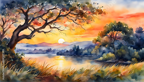 Watercolor illustration  beautiful landscape with a branchy tree 