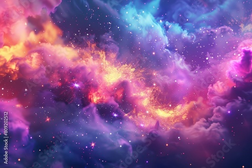 A vibrant cosmic scene with stars and clouds filling the space, A cosmic backdrop with colorful explosions and cosmic dust clouds