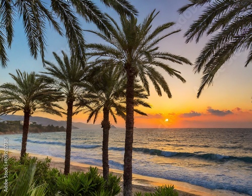 Palmenstrand am Meer mit farbintensivem Sonnenuntergang 