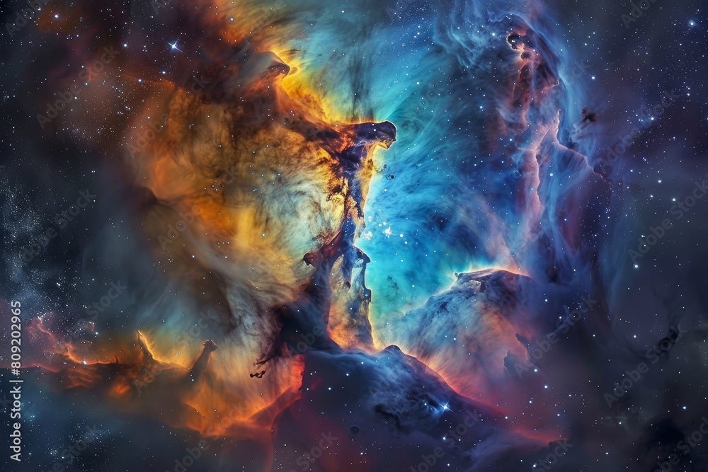 Fototapeta premium A vibrant cosmic space swirling with colorful stars and nebulae, A cosmic nebula swirling with iridescent hues