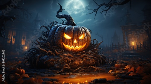 Halloween background with scary pumpkins.