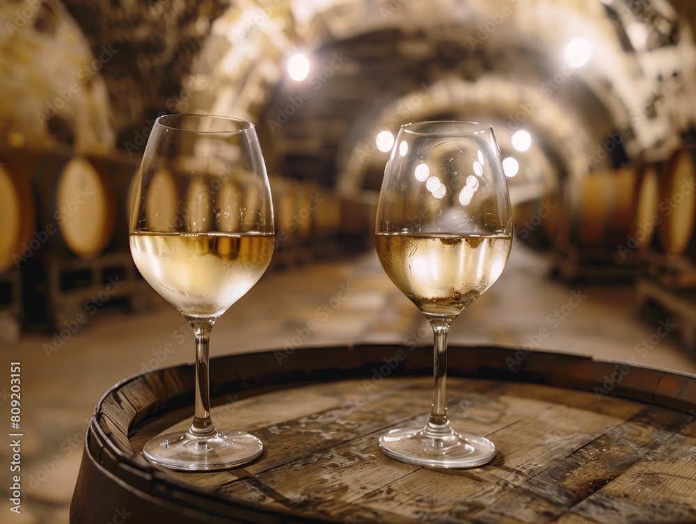 Two wine glasses are on a wooden table in a wine cellar