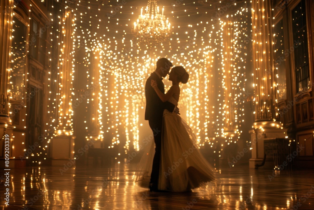 Couple standing together in front of a wall illuminated by bright lights, A couple dancing in a ballroom filled with fairy lights