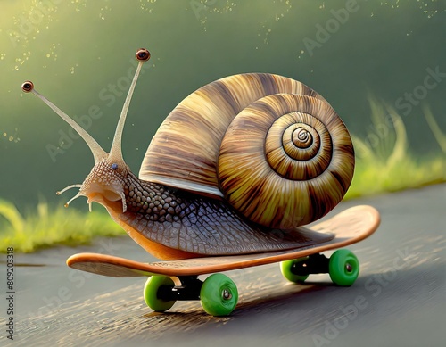 Schnecke mit Schneckenhaus fährt schnell auf einem Skateboard photo
