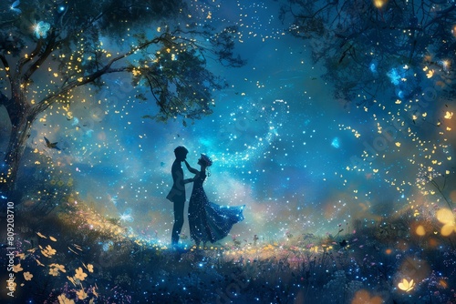 A painting of a man and a woman holding hands, standing together in an embrace, A couple dancing under the stars in a fairy-lit garden