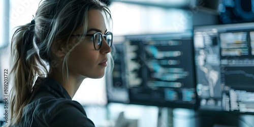 Professional Caucasian woman coding on multiple screens in a coworking office setting. Concept Technology, Coding, Workspace, Co-working, Professionalism