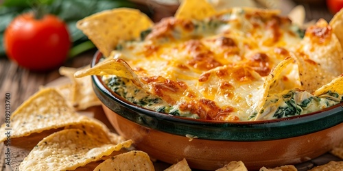 Hot Cheesy Artichoke Spinach Dip with Crispy Tortilla Chips. Concept Appetizer Recipe  Cheesy Dip  Artichoke Spinach Dip  Tortilla Chips  Easy Party Snack