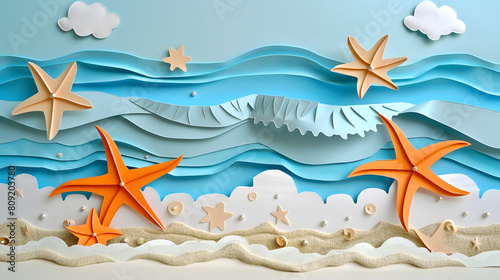 Vibrant 3D papercut collage of starfish on a beach with waves in the background