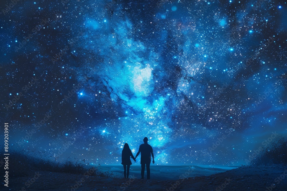 A couple clasping hands under a sky filled with stars, A couple holding hands under a starry sky A couple clasping hands under a sky filled with stars, A couple holding hands under a starry sky