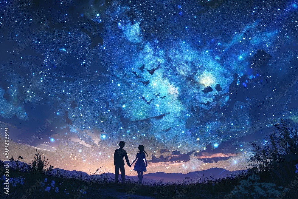 A man and a woman holding hands under a night sky filled with stars, A couple holding hands under a starry sky