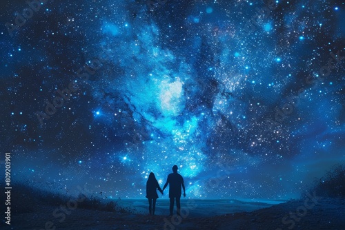 A couple clasping hands under a sky filled with stars, A couple holding hands under a starry sky