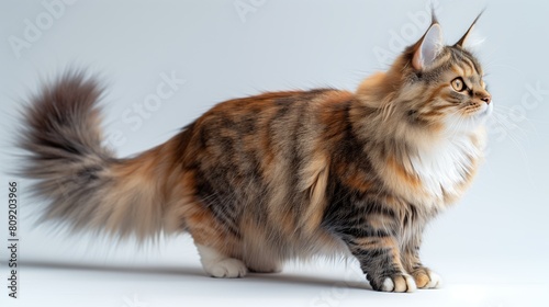 A fluffy Norwegian Forest cat standing proudly against a pure white background. Generative AI
