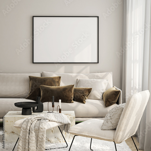Frame mockup, ISO A paper size. Living room wall poster mockup. Interior mockup with house background. Modern interior design. 3D render
 photo