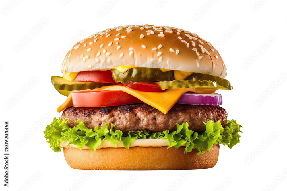 Mouthwatering Delight Delicious Burger Cut Out, Isolated on transparent background Mouthwatering Delight Delicious Burger Cut Out, Isolated on transparent background