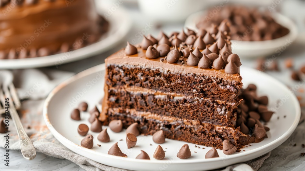 A slice of chocolate cake, topped with chocolate chips, sits on a plate A fork rests beside it In the background, a steaming mug of coffee awaits A slice of chocolate cake, topped with chocolate chips, sits on a plate A fork rests beside it In the background, a steaming mug of coffee awaits