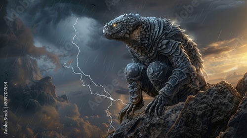 a formidable fantasy reptilian warrior, rendered in stunning 3D, kneeling on all four legs atop a rugged cliff under a stormy sky. photo
