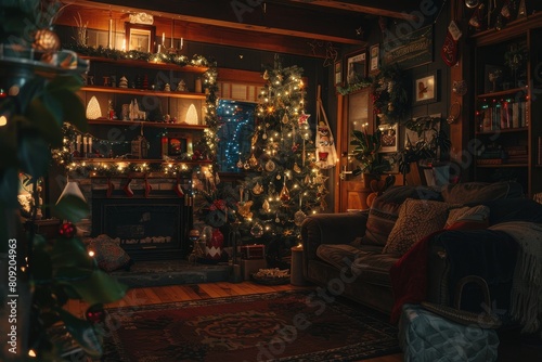 A living room filled with furniture and Christmas decorations, creating a cozy and festive holiday atmosphere, A cozy atmosphere filled with holiday cheer