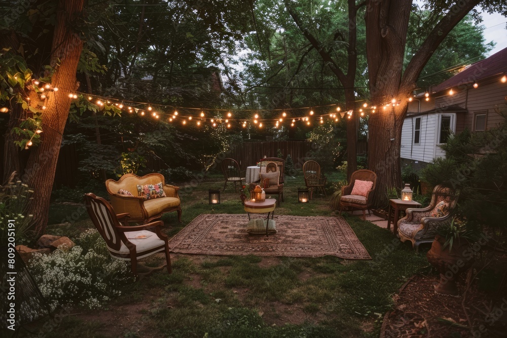 Obraz premium A backyard adorned with chairs, lights, and a rug setup for a cozy gathering or ceremony, A cozy backyard ceremony with intimate string lights and vintage furniture accents
