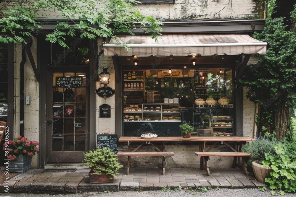 Storefront of a cozy bakery with a wooden bench in front on a charming street corner, A cozy bakery tucked away on a charming street corner Storefront of a cozy bakery with a wooden bench in front on a charming street corner, A cozy bakery tucked away on a charming street corner