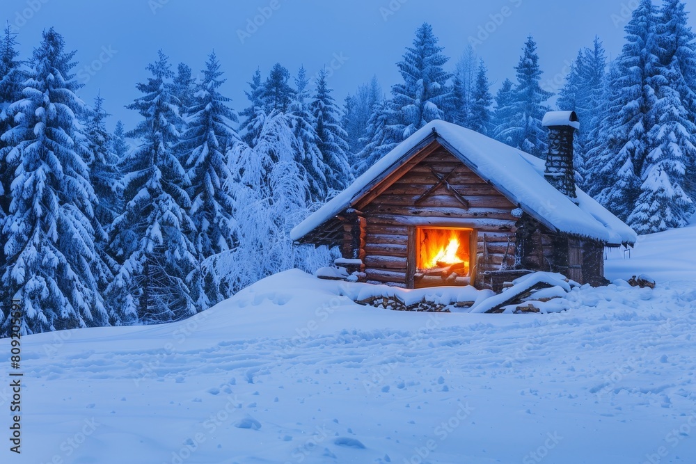 Snow-covered cabin surrounded by trees in winter forest, A cozy cabin covered in snow with a warm fire burning inside