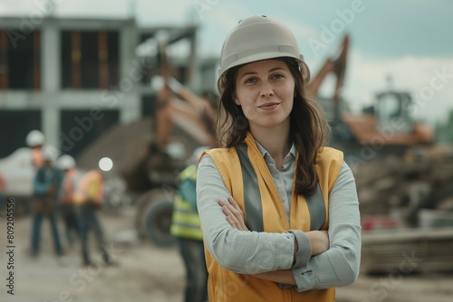 Confident Female Construction Worker with Crossed Arms, Hard Hat, and Safety Vest at Job Site