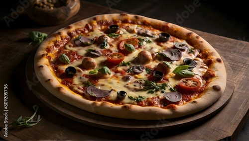 Fotografia de comida de uma refeição gourmet, pizza, com profundidade de campo rasa, revestimento elegante e iluminação suave.