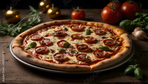 Fotografia de comida de uma refeição gourmet, pizza, com profundidade de campo rasa, revestimento elegante e iluminação suave. photo