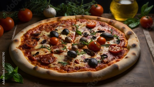 Fotografia de comida de uma refeição gourmet, pizza, com profundidade de campo rasa, revestimento elegante e iluminação suave.