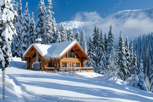 A cabin nestled in the snowy mountains, A cozy cabin in the mountains surrounded by snow-covered trees