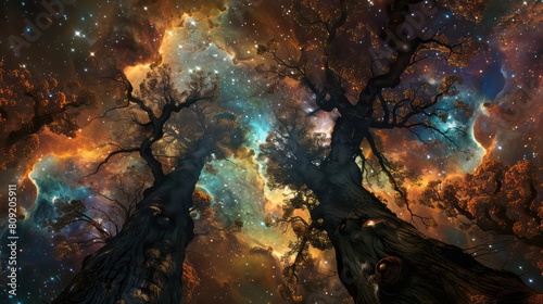 Huge trees of life blend with psychedelic colored galaxies with stars  galaxy clouds