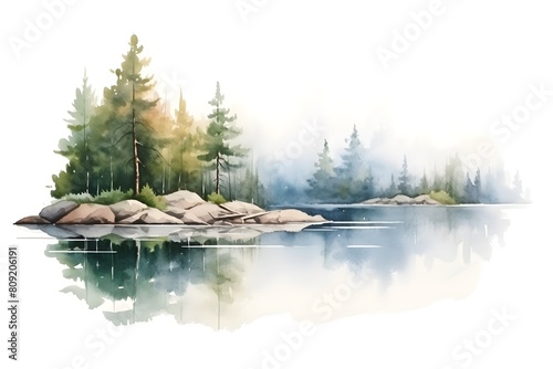 watercolor painting of colorful mountain landscape isolated on white background. Snowy mountain peak with lake and cypress trees. generative ai
