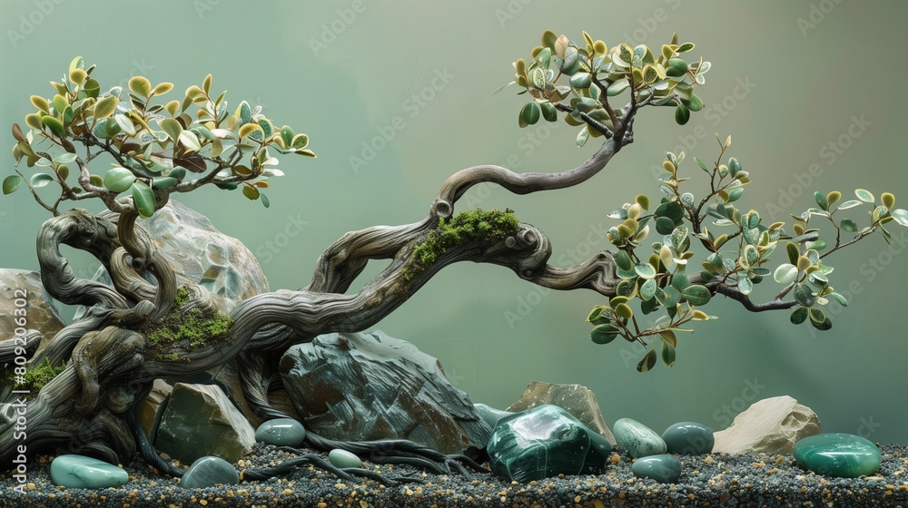The lighting is soft yet precise, capturing the intricate textures of the bark and the subtle sheen on the stones, The lighting is soft yet precise, capturing the intricate textures of the bark and the subtle sheen on the stones,
