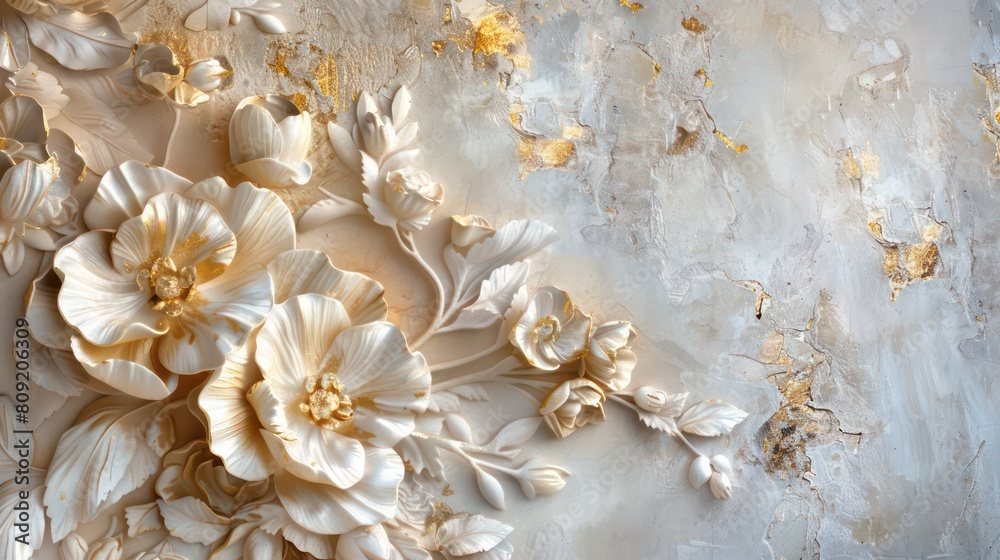 Light decorative texture of a plaster wall with voluminous decorative flowers and golden elements Light decorative texture of a plaster wall with voluminous decorative flowers and golden elements