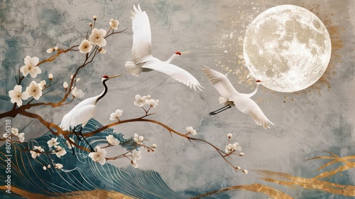 Landscape with gold silhouette crane birds. Chinese wave decorations in vintage style with grey circle watercolor texture. Geometric branch of flower decoration