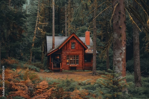 A cabin nestled in a wooded area surrounded by towering trees, A cozy cabin nestled in a clearing in the woods