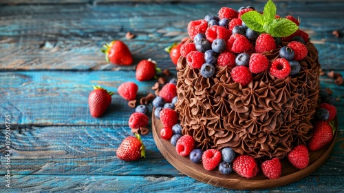   A chocolate cake with chocolate frosting sits atop a blue wooden table, adorned with strawberries and raspberries