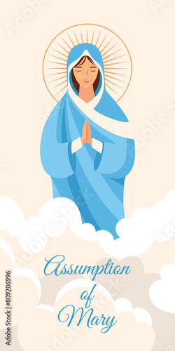 Assumption of Mary Vector Illustration. Blessed Virgin in Heaven in Flat style, Hand Drawn