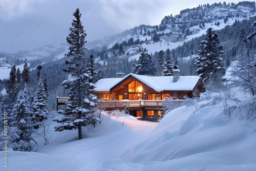 A cabin surrounded by snow in the mountains, A cozy cabin nestled in snowy mountains, the perfect spot for a family ski trip