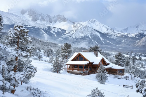 A cabin sits nestled in the snow-covered mountains, surrounded by pristine white snow, A cozy cabin nestled in snowy mountains, the perfect spot for a family ski trip