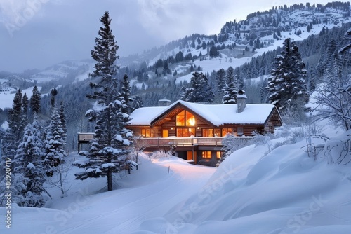 A cabin surrounded by snow in the mountains, A cozy cabin nestled in snowy mountains, the perfect spot for a family ski trip