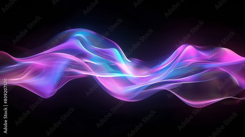 A dynamic 3D rendering of an abstract fluid holographic wave in neon hues, set against a dark backdrop. Offers a gradient design suitable for banners, backgrounds, wallpapers, and covers. A dynamic 3D rendering of an abstract fluid holographic wave in neon hues, set against a dark backdrop. Offers a gradient design suitable for banners, backgrounds, wallpapers, and covers.