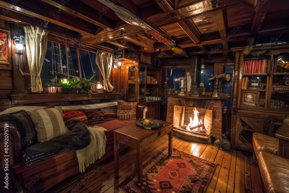 A living room filled with furniture and a fireplace, creating a warm and inviting atmosphere, A cozy cabin on a sailing ship, with a crackling fireplace and comfortable seating A living room filled with furniture and a fireplace, creating a warm and inviting atmosphere, A cozy cabin on a sailing ship, with a crackling fireplace and comfortable seating