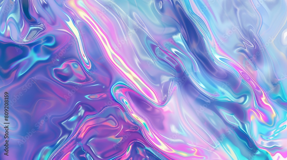A grainy iridescent holographic gradient background with psychedelic patterns, perfect for adding a unique touch to business branding. Features trippy moving water glossy textures in lilac hues.
