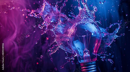 A high-speed studio photograph captures the detail of a light bulb glass explosion, illuminated by blue and purple lighting. This image concept symbolizes obsolete energy.