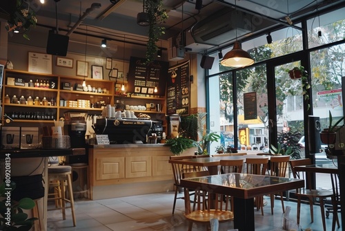 A cozy restaurant interior filled with tables and chairs for guests to dine in comfort and enjoy meals, A cozy coffee shop with a welcoming atmosphere