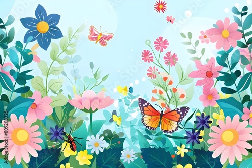 Beautiful floral background  panorama. Leaves  colorful flowers  caterpillars  butterflies. Bright spring and summer banner for cover social network  invitation  wedding  holiday. Vector illustration