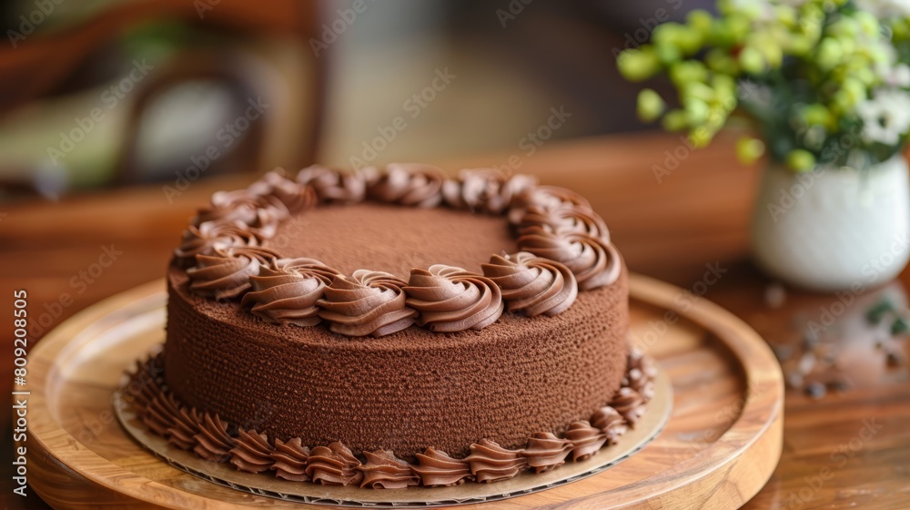 A chocolate cake atop a wooden platter Nearby, a vase holds a green plant A chocolate cake atop a wooden platter Nearby, a vase holds a green plant