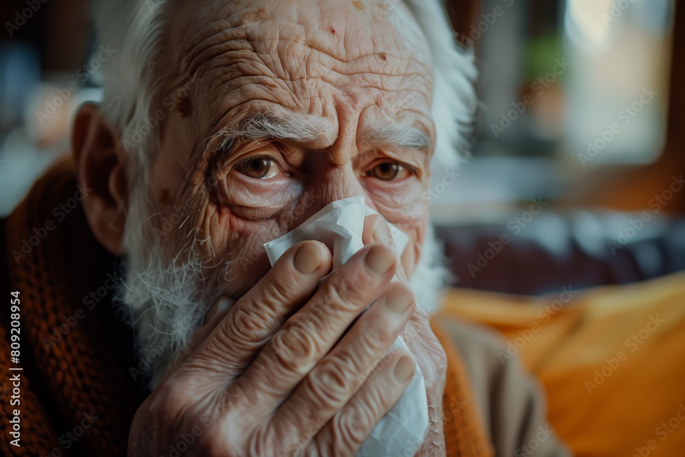 An elderly man with a white beard is blowing his nose into a handkerchief as he battles a runny nose or cold An elderly man with a white beard is blowing his nose into a handkerchief as he battles a runny nose or cold
